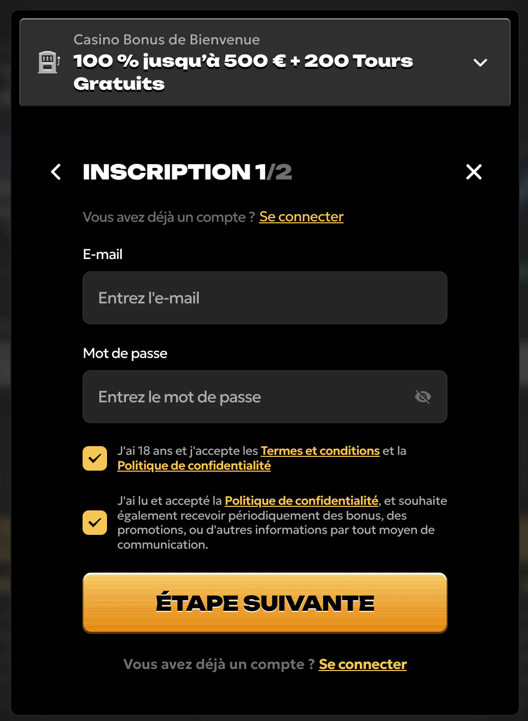 Inscription rapide et création de compte Spinsy Casino